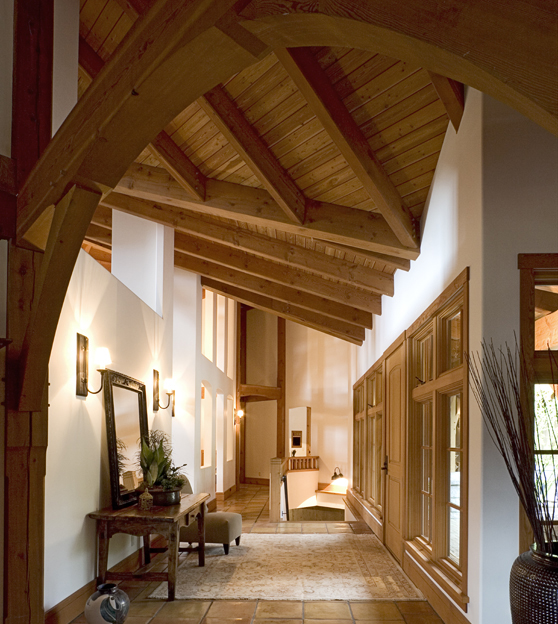 Timber frame finish for ceiling--tongue & groove decking