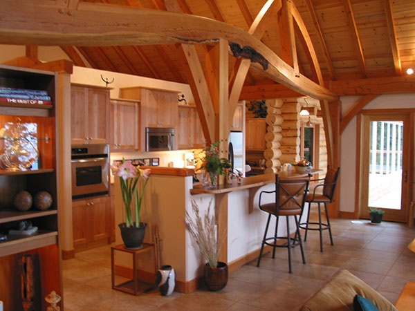 A taiko feature beam in a timber frame addition