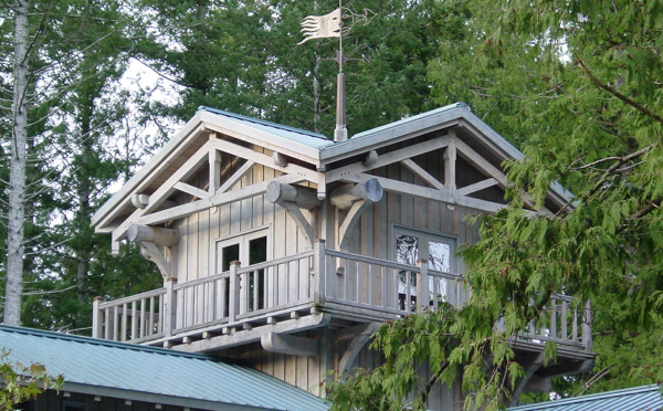 Log cabin home with timber frame trusses